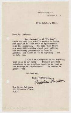 Brief von Brendon Bracken von Financial News an Erich Salomon