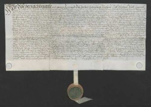 Reinhard Dold, Schultheiß, und genannte Mitglieder des Gerichts zu Stettfeld beurkunden eine Gültverschreibung des Hans Neuffer und seiner Ehefrau Anna über 60 Gulden gegenüber Johann Rehm, speyrischem Kirchenkollektor am Bruhrain.