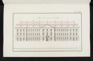 Akademie, idealtypischer Entwurf, Hauptfassade, Aufriss : Akademie, idealtypischer Entwurf, Aufriss der Hauptfassade, Johann Christian Götzschel, um 1794. Feder, Pinsel in Wasserfarbe/Papier. 41,6 x 26,1 cm. Bez.: "Facade du cote principale d' une Accademie.", "Tab. LXV." und "Götschel." Maßstab mit Maßeinheit "Dr. Ellen" (100 Dresdner Ellen=23,6 cm).