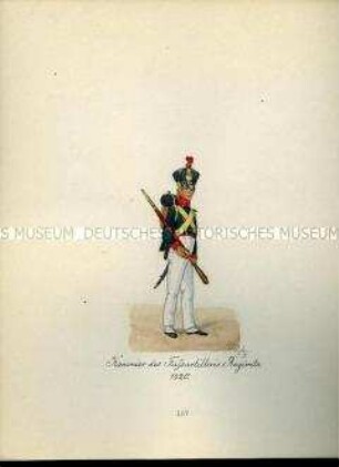 Uniformdarstellung, Kanonier des Fußartillerie-Regiments, 1820. Aus: Sammelmappe "Sachsens Militär", Königliche Arsenalsammlung.