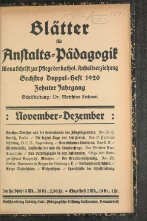 November-Dezember: Sechstes Doppelheft 1920