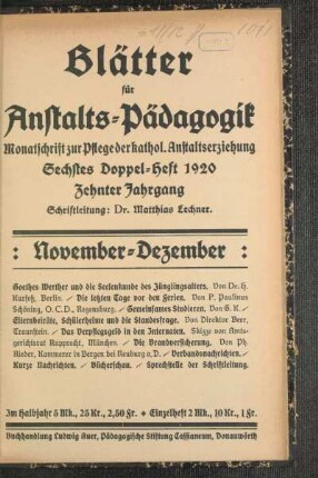 November-Dezember: Sechstes Doppelheft 1920