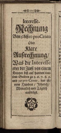 Interesse-Rechnung Von 5 biß 10 pro Cento ...