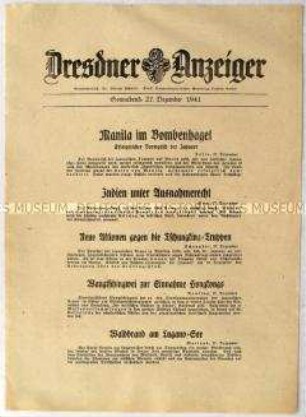 Nachrichtenblatt "Dresdner Anzeiger" u.a. zur japanischen Bombardierung Manilas