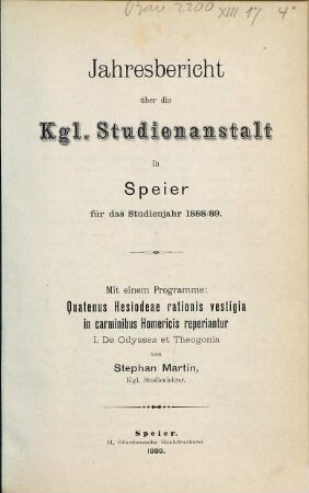 Jahresbericht über die Kgl. Studienanstalt in Speier : für das Studienjahr .... 1888/89