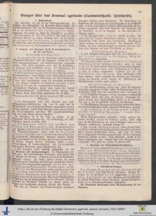 Einiges über das «Journal Agricole» (Landwirtschaftliche Zeitschrift).