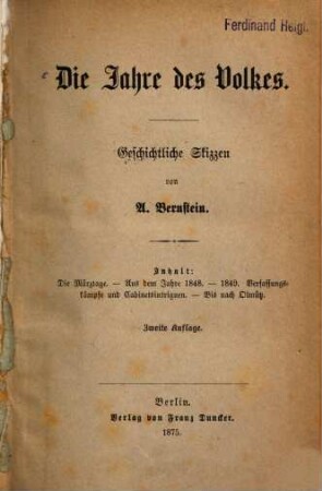 Die Jahre des Volkes : geschichtliche Skizzen