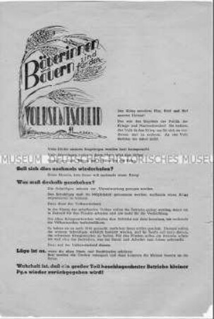 Flugblatt zum Volksentscheid über die Enteignung von Betrieben von Nazi- und Kriegsverbrechern und Aufruf an die Landbevölkerung zur Abstimmung mit "Ja"