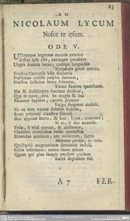 Ad Nicolaum Lycum Nosce te ipsum. Ode V.