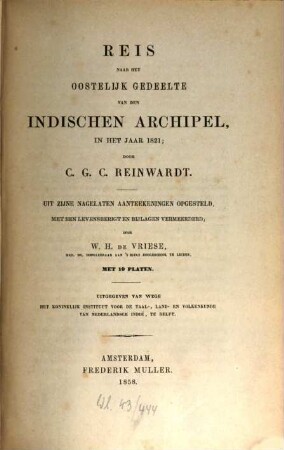 Reis naar het oostelijk gedeelte van den Indischen Archipel, in het jaar 1821; door C. G. C. Reinwardt