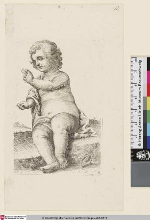 [Sitzender Putto nach links, den linken Arm erhoben]
