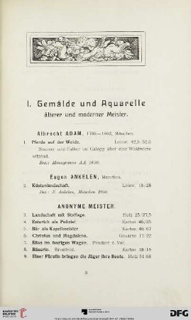 I. Gemälde und Aquarelle (Nr. 1-189)