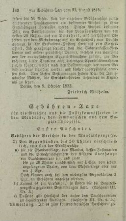 Gebühren-Taxe für die Gerichte und die Justizkommissarien in dem Mandats-, dem summarischen und dem Bagatellprozesse.