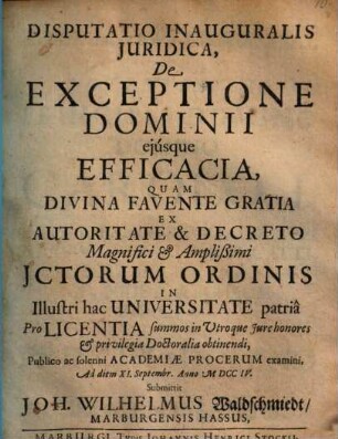 Disp. inaug. iur. de exceptione dominii eiusque efficacia