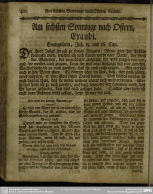 Am sechsten Sonntage nach Ostern, Exaudi. Evangelium, Joh. 15. und 16. Cap.