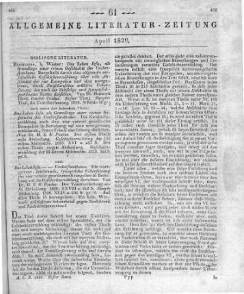 Paulus, H. E. G.: Das Leben Jesu als Grundlage einer reinen Geschichte des Urchristentums. Dargestellt durch eine allgemeinverständliche Geschichtserzählung über alle Abschnitte der 4 Evangelien und eine wortgetreue durch Zwischensätze erklärte Übersetzung des nach der Zeitfolge und synoptisch-geordneten Textes derselben. T. 1-2. Heidelberg: Winter 1828 Auch u. d. bes. T.: Das Leben Jesu als Grundlage einer reinen Geschichte des Urchristentums und: Das Leben Jesu -- Urchristenthums, die wortgetreue, erklärende, synoptische Übersetzung der vier vereint geordneten Evangelien ...