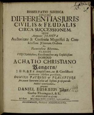 Dissertatio Iuridica Explicans Differentias Iuris Civilis & Feudalis Circa Successionem