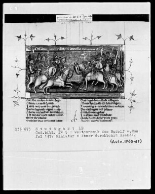 Weltchronik des Rudolf von Ems — Abner durchbohrt Asahel, Folio 147verso