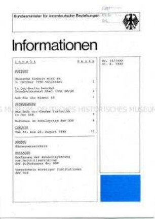 Informations-Blatt des Bundesministeriums für innerdeutsche Beziehungen zur Entwicklung in der DDR im Vorfeld der Wiedervereinigung
