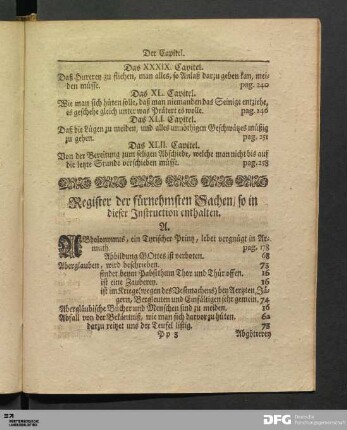 Register der fürnehmsten Sachen, so in dieser Instruction enthalten.