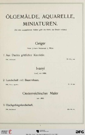 Ölgemälde, Aquarelle, Miniaturen (Nr. 1-110)