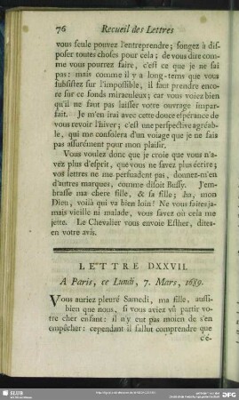 Lettre DXXVII. A Paris, ce Lundi, 7. Mars, 1689