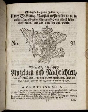 No. 31. Montags, den 30ten Julius 1770.