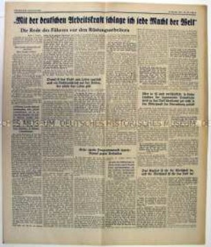 Fragment der Tageszeitung "Völkischer Beobachter" mit dem Wortlaut einer Rede Hitlers vor Rüstungsarbeitern