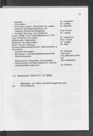 2.3 Mitarbeiter (Stand 31.12.1995)