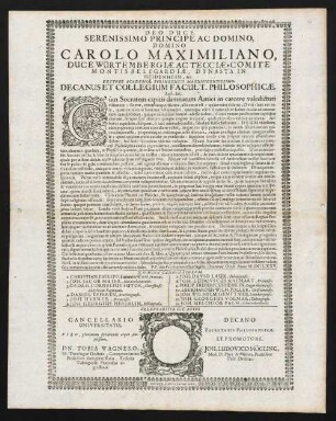 Serenissimo Principe Ac Domino, Domino Carolo Maximiliano, Duce Würtembergiae Ac Tecciae ... Rectore ... Decanus Et Collegium Facult. Philosophicae. Lect. Sal.