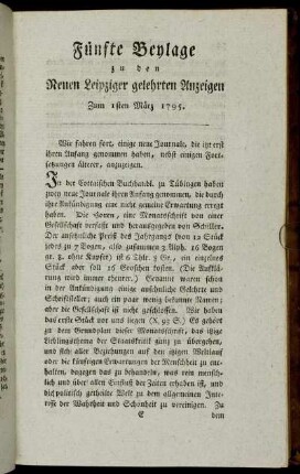 Fünfte Beylage zu den Neuen Leipziger gelehrten Anzeigen. Zum 1sten März 1795.