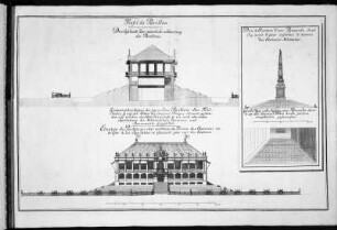 Durchschnitt und geomtrischer Aufzug des Pavillons. Grund Riß und Aufzug einer Pyramide : Durchschnitt und geomtrischer Aufzug des Pavillons. Grund Riß und Aufzug einer Pyramide. Kupferstich, 55,7 x 83,4 cm, 60,3 x 90,8 cm (Blattgröße). Aus: Grund-Riße derer unterschiedenen Bewegungen und Kriegs Übungen, Chur-Sächsischen Trouppen ... in dem Lager bey Zeithayn vom 1. bis den 26. Junii 1730 vollzogen worden, um 1730