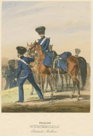 Kanoniere (?) der Reitenden Artillerie, in Uniform mit Mütze, teils zu Pferd, teils abgesessen, fertig zum Ausrichten eines Geschützes