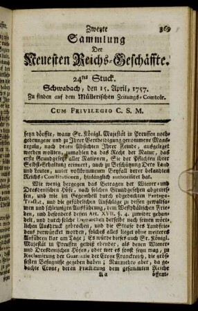 24tes Stuck. Schwabach, den 15. April, 1757.