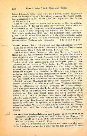 502-503 [Rezension] Koch, Walter, Die klerikalen Standesprivilegien nach Kirchen- und Staatsrecht