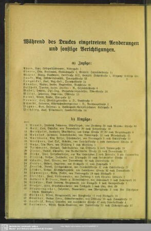 Während des Druckes eingetretene Aenderungen und sonstige Berichtigungen