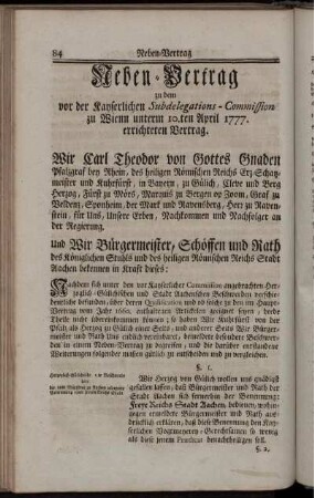 Neben-Vertrag zu dem vor der Kayserlichen Subdelegations-Commission zu Wienn unterm 10.ten April 1777. errichteten Vertrag.