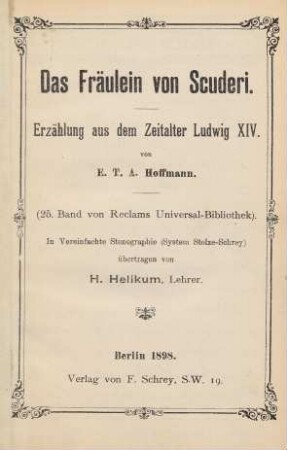 Das Fräulein von Scuderi : Erzählung aus dem Zeitalter Ludwig XIV