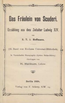 Das Fräulein von Scuderi : Erzählung aus dem Zeitalter Ludwig XIV