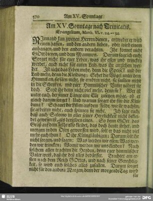 Am XV. Sonntage nach Trinitatis. Evangelium, Matth. VI. v. 24 - 34