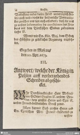 III. Antwort, welche der König in Pohlen auff vorhergehendes Schreiben abgeschicket