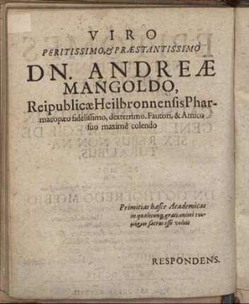 Viro Peritissimo, & Præstantissimo Dn. Andreæ Mangoldo, [...]
