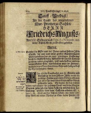 Tauff-Predigt/ Für der Tauffe des neugebohrnen Chur-Printzen zu Sachsen/ Herrn Friedrichs Augustus.