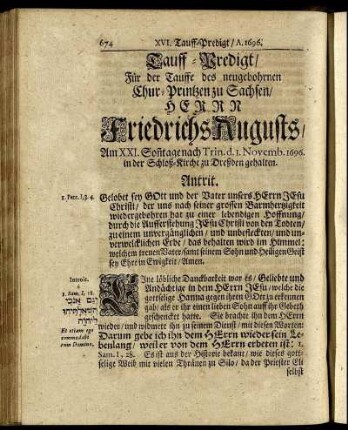 Tauff-Predigt/ Für der Tauffe des neugebohrnen Chur-Printzen zu Sachsen/ Herrn Friedrichs Augustus.