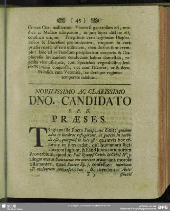 Nobilissimo Ac Clarissimo Dno. Candidato S. P. D. Praeses