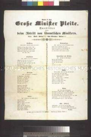 Maueranschlag: Große Minister Pleite. Spottgedicht von A. Hopf auf den Sturz des Ministeriums Camphausen; undatiert
