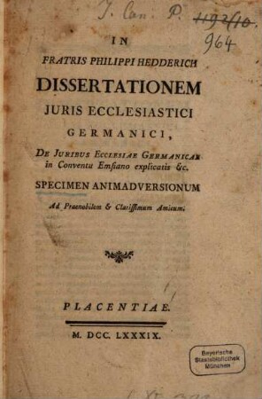In fratris Hedderichii dissertationem iuris eccl. specimen animadversionum