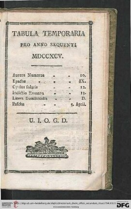 Tabula Temporaria pro anno sequenti MDCCXCV