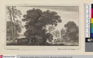 [Landschaft mit einem Fluss und einem Wanderer der in Richtung eines Gebäudes, vielleicht ein Kloster, läuft]