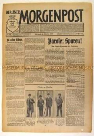 Titelblatt der Tageszeitung "Berliner Morgenpost" zur Finanzpolitik der Reichsregierung